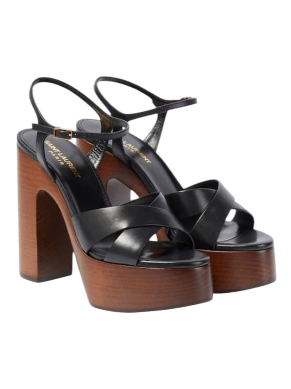 Saint Laurent Bianca Platform Sandals Black Leather Woodgrain - 38 (US 8)